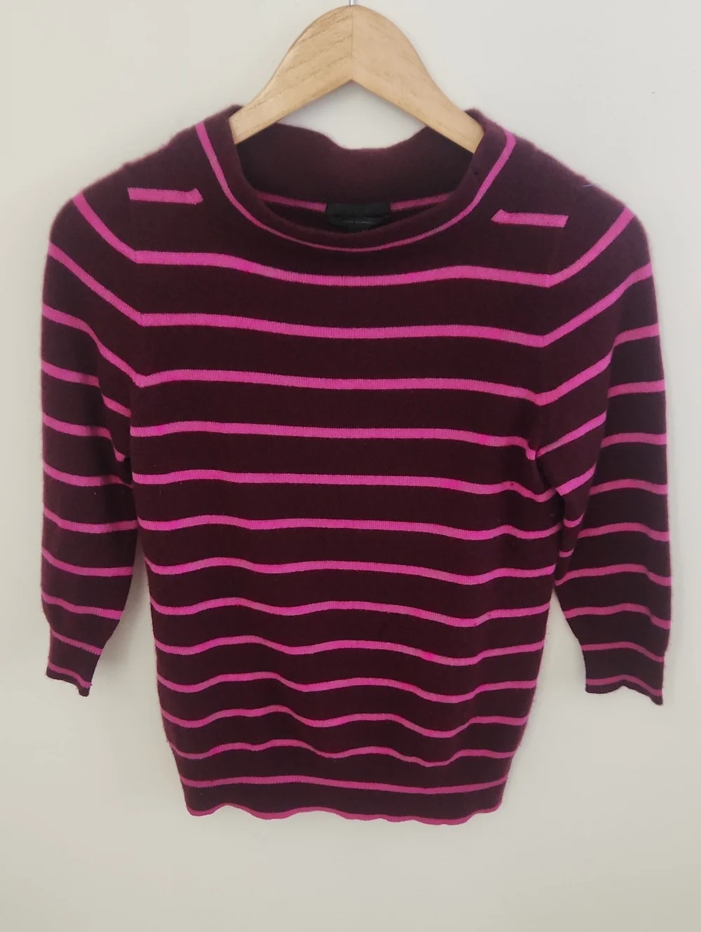 J. Crew Italian Cashmere Burgundy and Pink Striped Crewneck Sweater Small